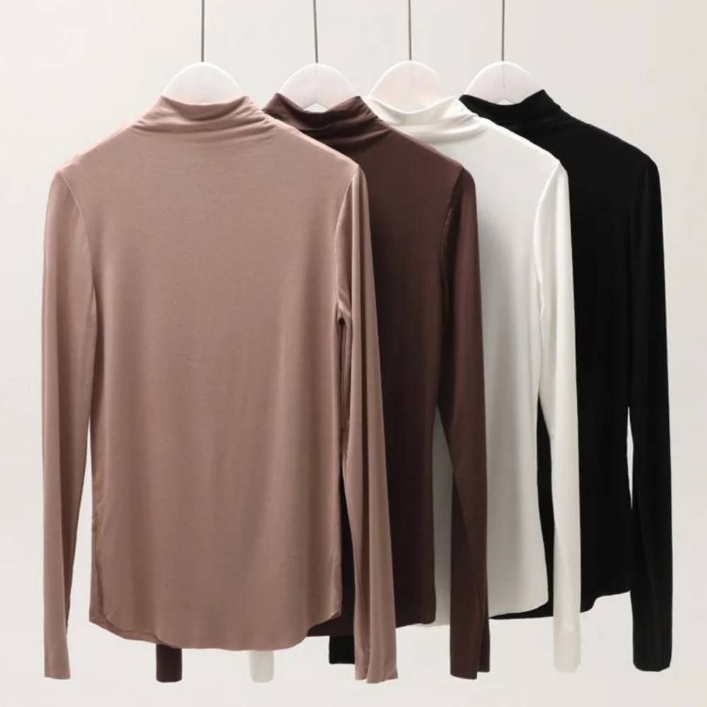 Fall and Winter 2023 New Luxury Clothing Stretch Modal T-Shirt for Women Half-high Collar Slim-fit Solid Color Long Sleeve Top