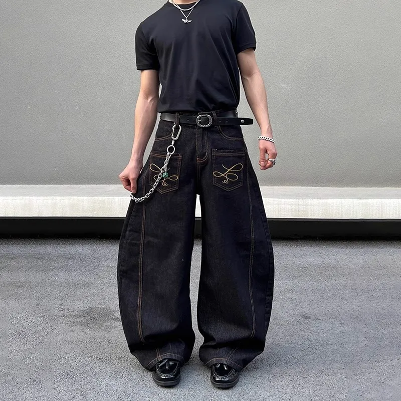 WTHT moda męska haft jednokolorowy patchworkowy wzór spodnie dżinsowe Vintage Casual luźne dżinsy z szeroką nogawką męskie lato 2A0186