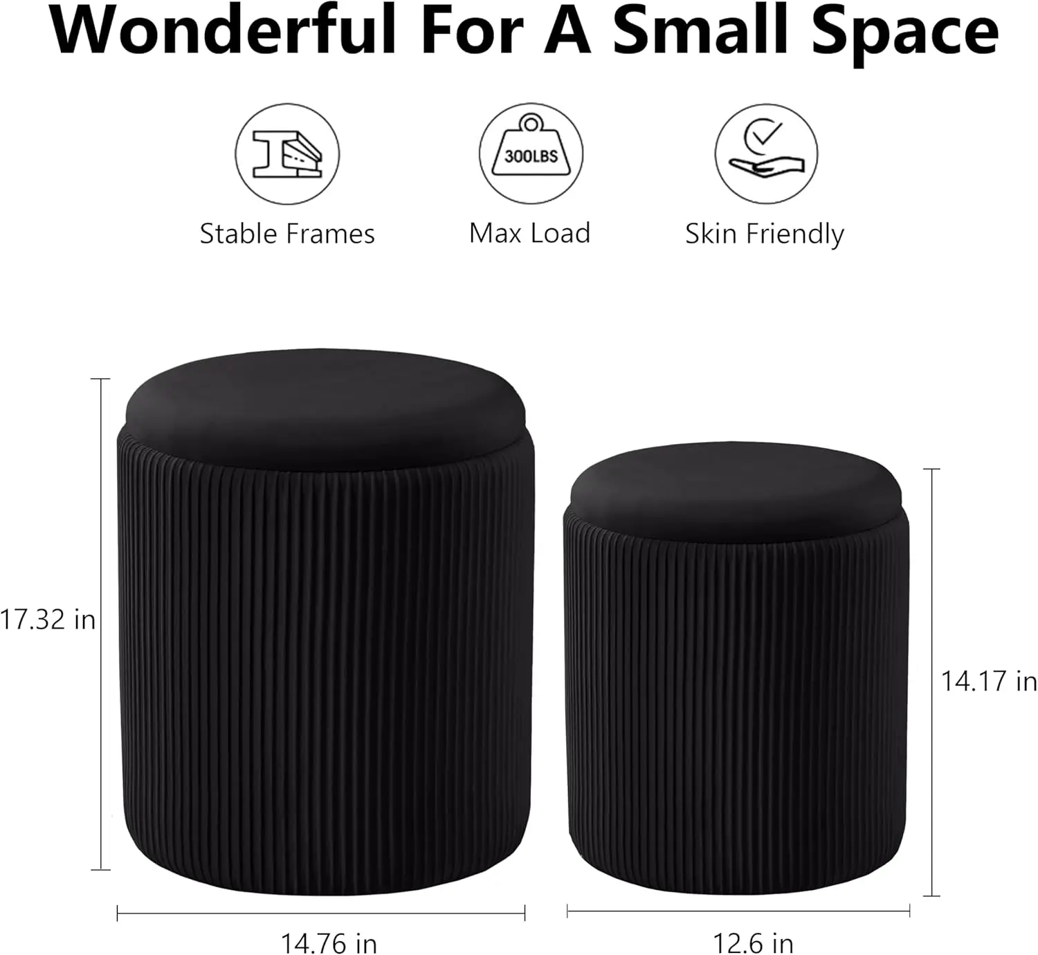 Black Ottoman with Storage Set of 2 Multifunctional Upholstered Velvet Makeup Vanity Stool Chair Support 300lbs Modern Ottoman C