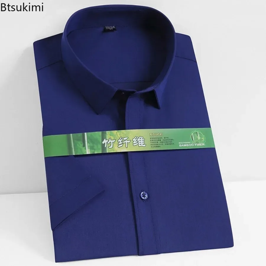 Camisa de manga corta de fibra de bambú para hombre, ropa elástica sólida a la moda, sin planchado, informal de negocios, blusa masculina de alta calidad, 2024