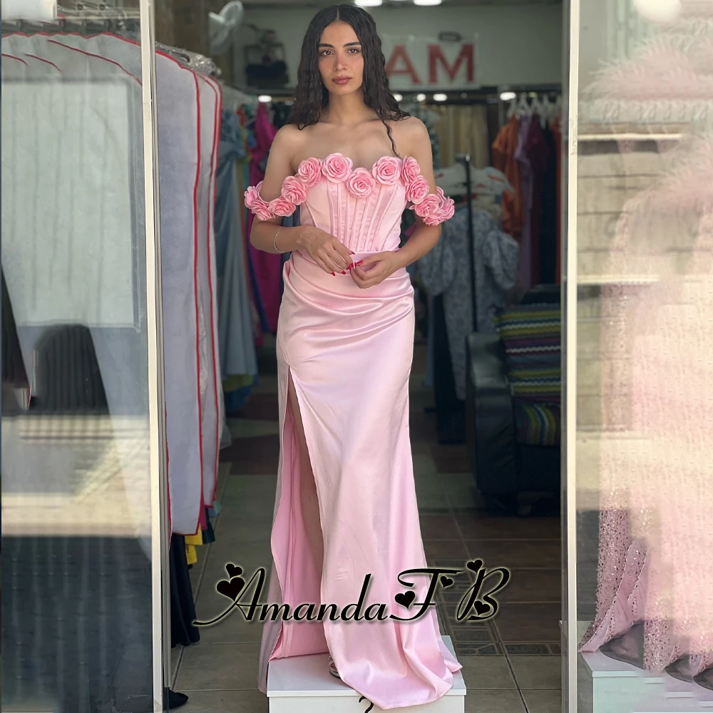 Amanda Charming HIgh Slit Prom Dress Satin Pleat Off the Shoulder 3D Flowers Formal Party Gown Robes De Soiree Customized