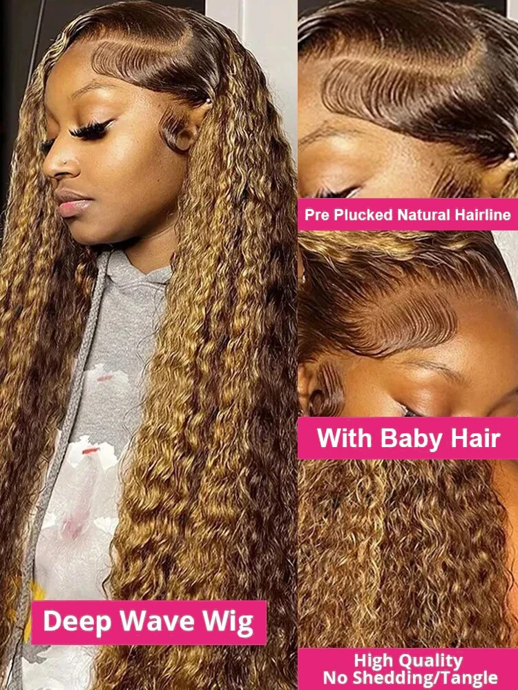 Highlight Ombre Curly 6x4 Glueless Wig Human Hair Ready To Wear Preplucked Hairline 4/27 Deep Wave Lace Closure Frontal Wig