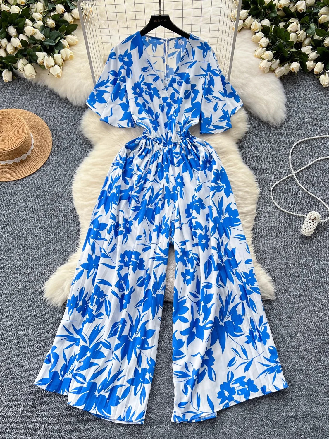 Summer Casual Women Print Romper Vintage V-Neck Short Sleeve High Waist Draped Wide Leg Jumpsuit Female New Fashion 2024