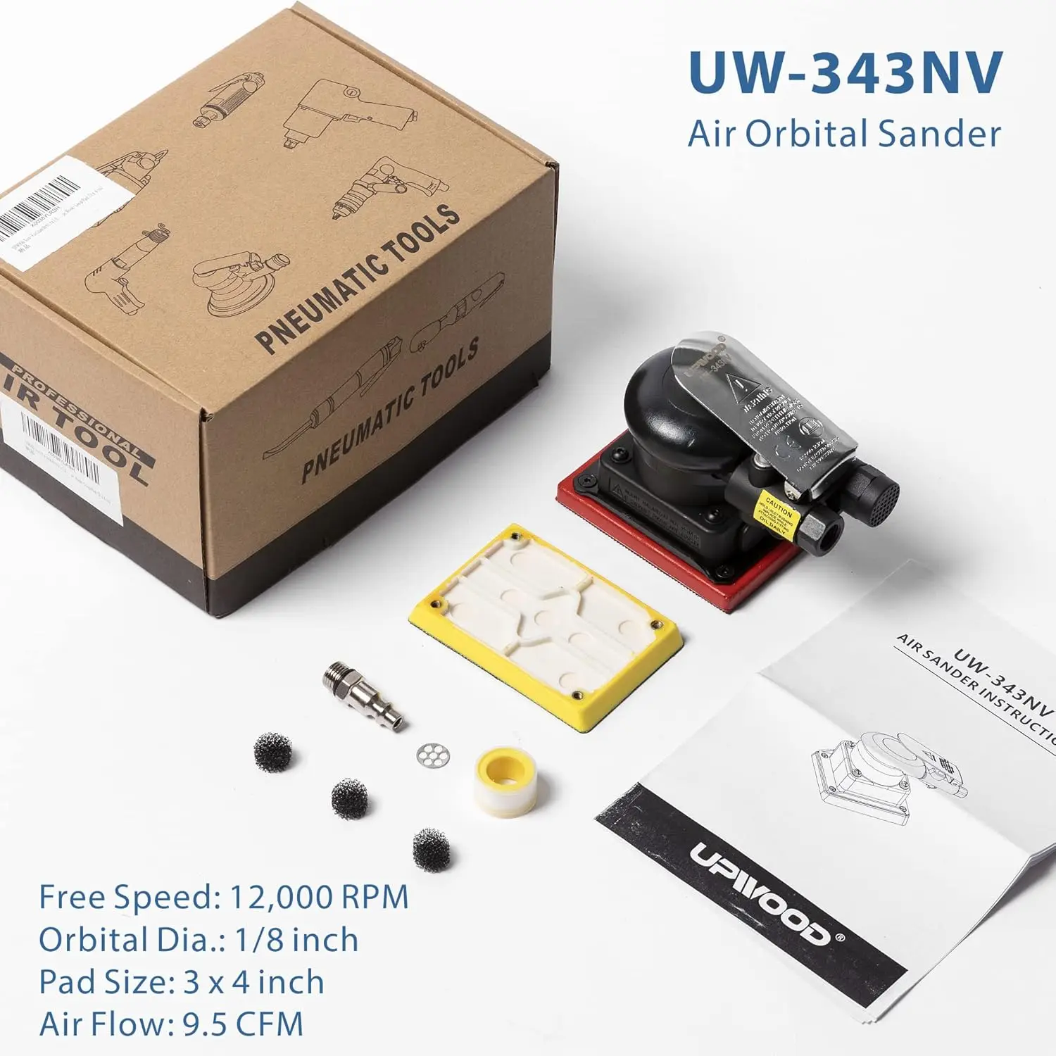 Non-Vacuum Orbital Air Sander, Mini Jitterbug Sander 3 in x 4 in 1/8 in Orbit 12,000 Max OPM with 1 Extra Hook-Loop Pad (3 x 4 i