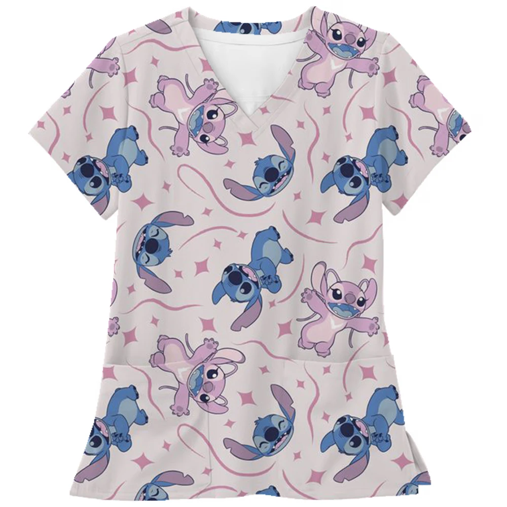 Disney Stitch พิมพ์ขัดผู้หญิงผ้ากันเปื้อนครูขัดเครื่องแบบ Pet Grooming พยาบาลสปา Caring เสื้อ uniformes de enfermería pa