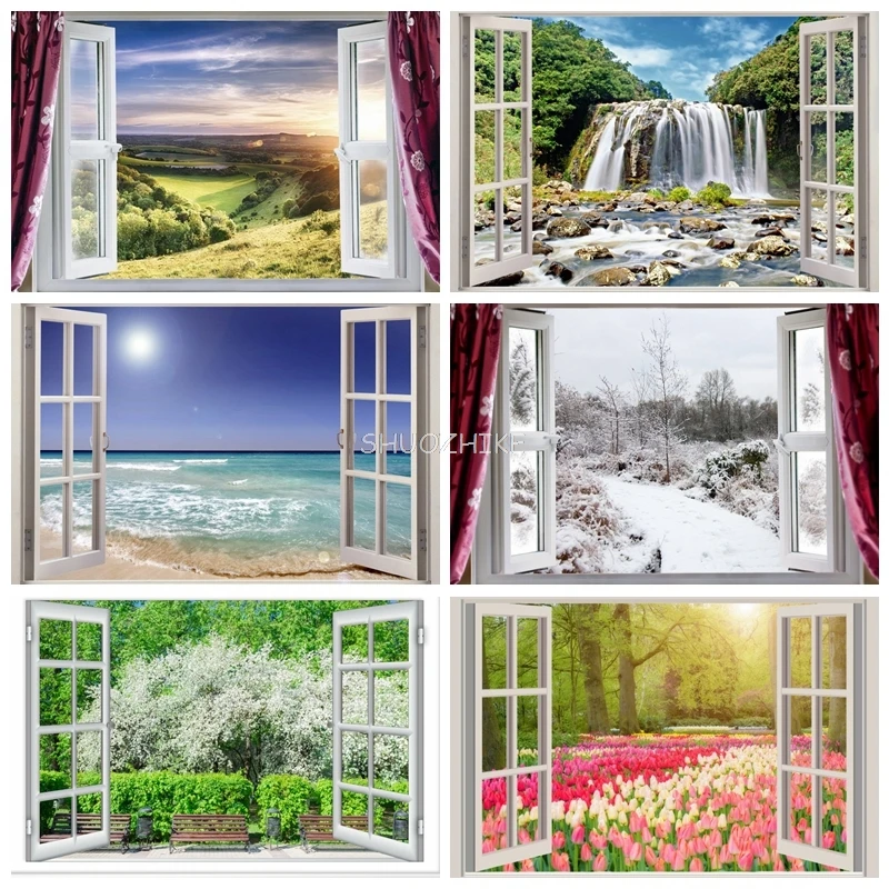 

Window Curtain Natural Mountain Hillside Grass Tree Scenic Photo Background Photography Backdrops Photocall Photo Shoot