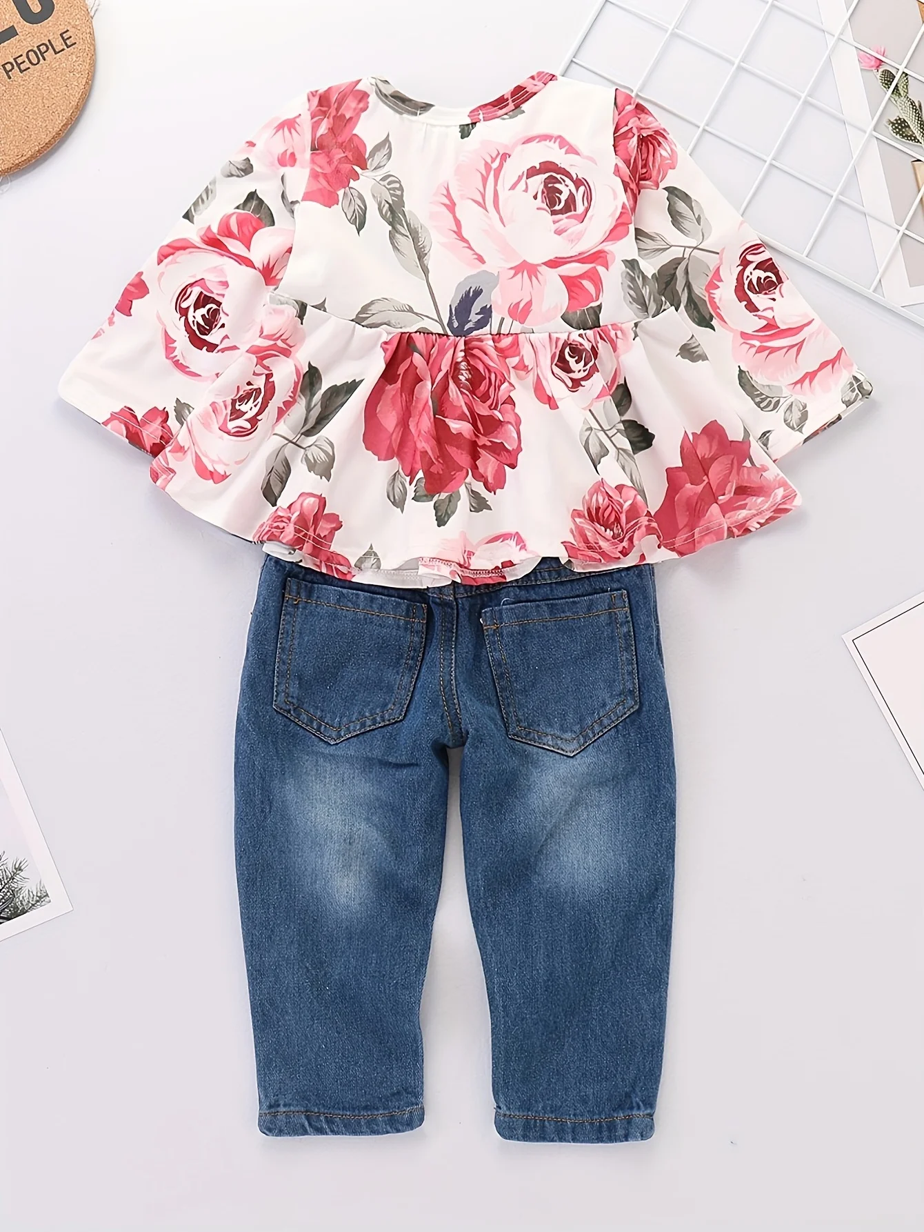 2pcs Baby Girls Clothing Cute Flower Print Ruffle Long Sleeve Top & Denim Trousers Set Baby Clothes For Autumn And Winter