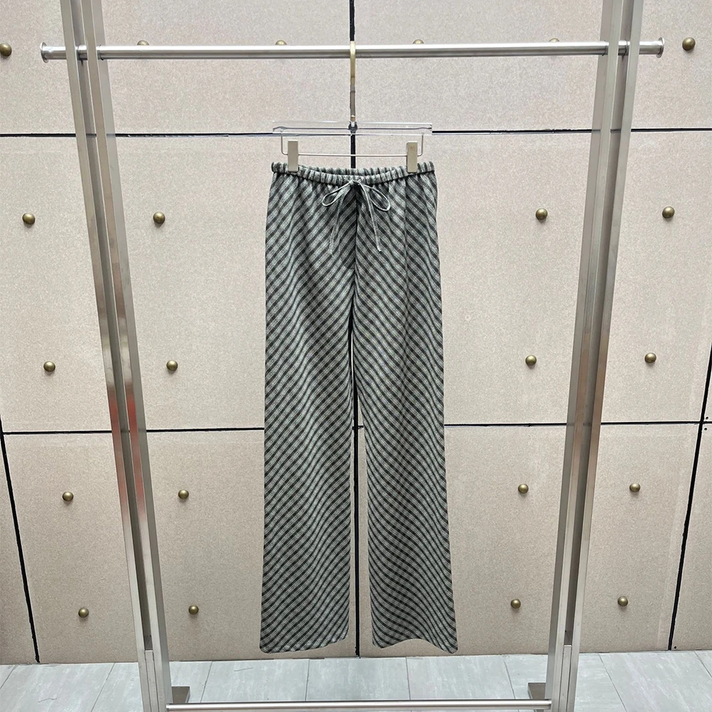 Women Diagonal Plaid Wide Pants Elastic Drawstring Waist Loose Straight Trousers Ladies Casual Pants Streetwear Daily Wear Pants