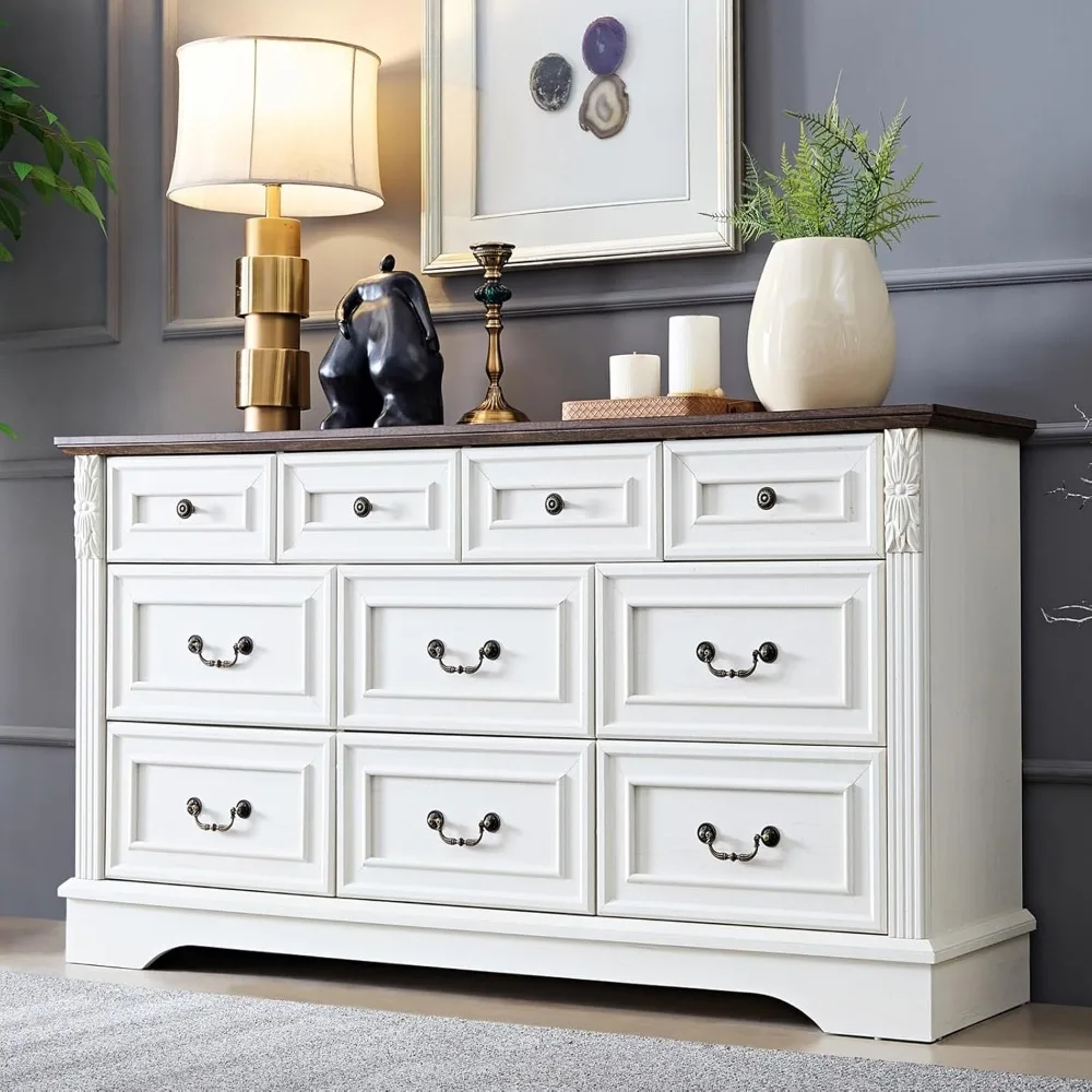 Commode de ferme pour chambre à coucher, 10 tiroirs, organisateur d'armoire blanc antique avec design sculpté pour le salon