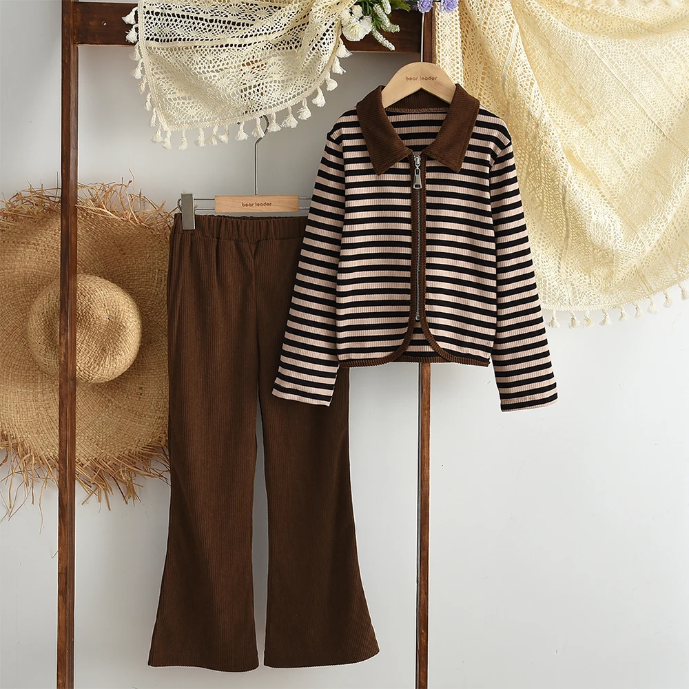 

Autumn New Teen Girl Clothes Korean Version Brown Striped Long Sleeved Zipper Jacket+Pants Casual Sports Children's Suit