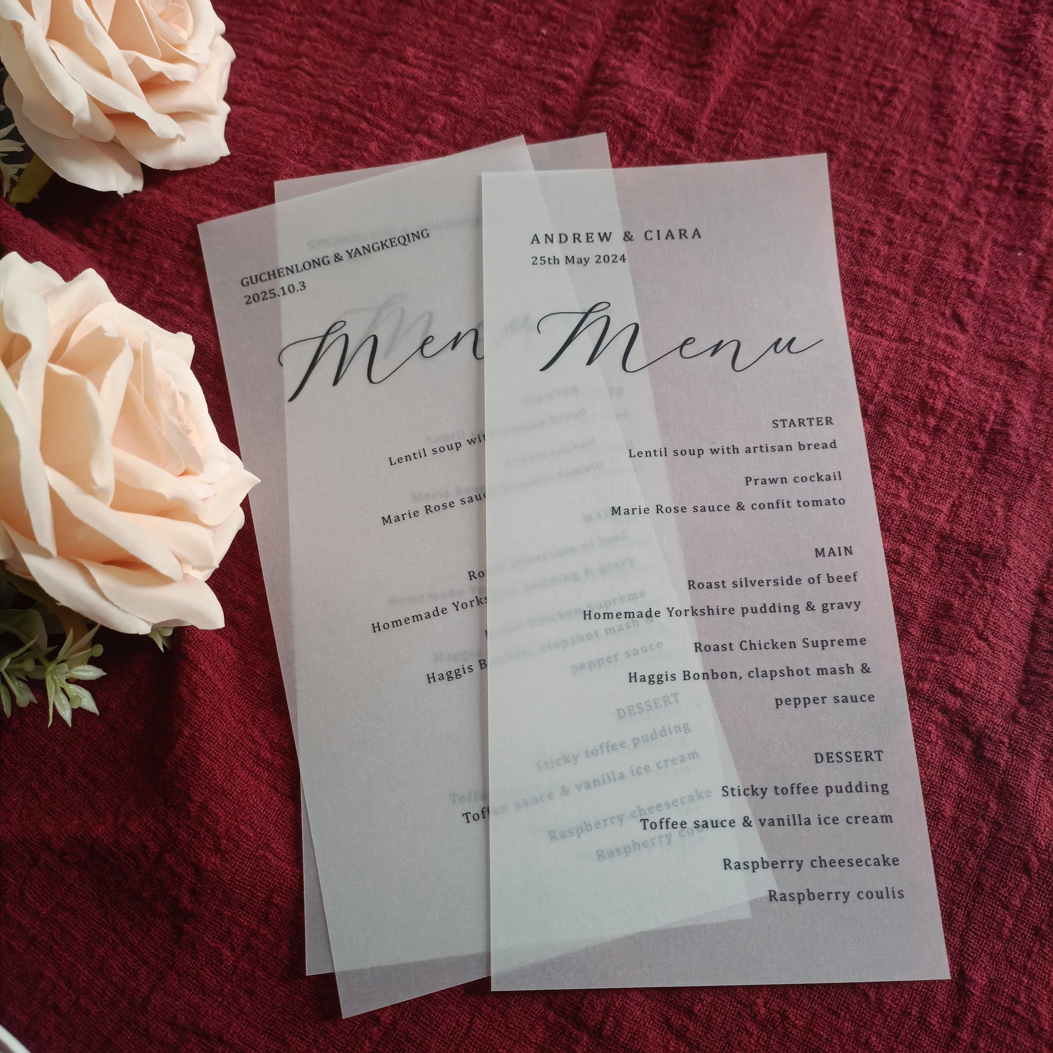 

Индивидуальная полупрозрачная карточка обеденной тарелки, минималистская свадьба, брезентовая бумага, карточка меню, 90x200 мм, 50 шт. карточек