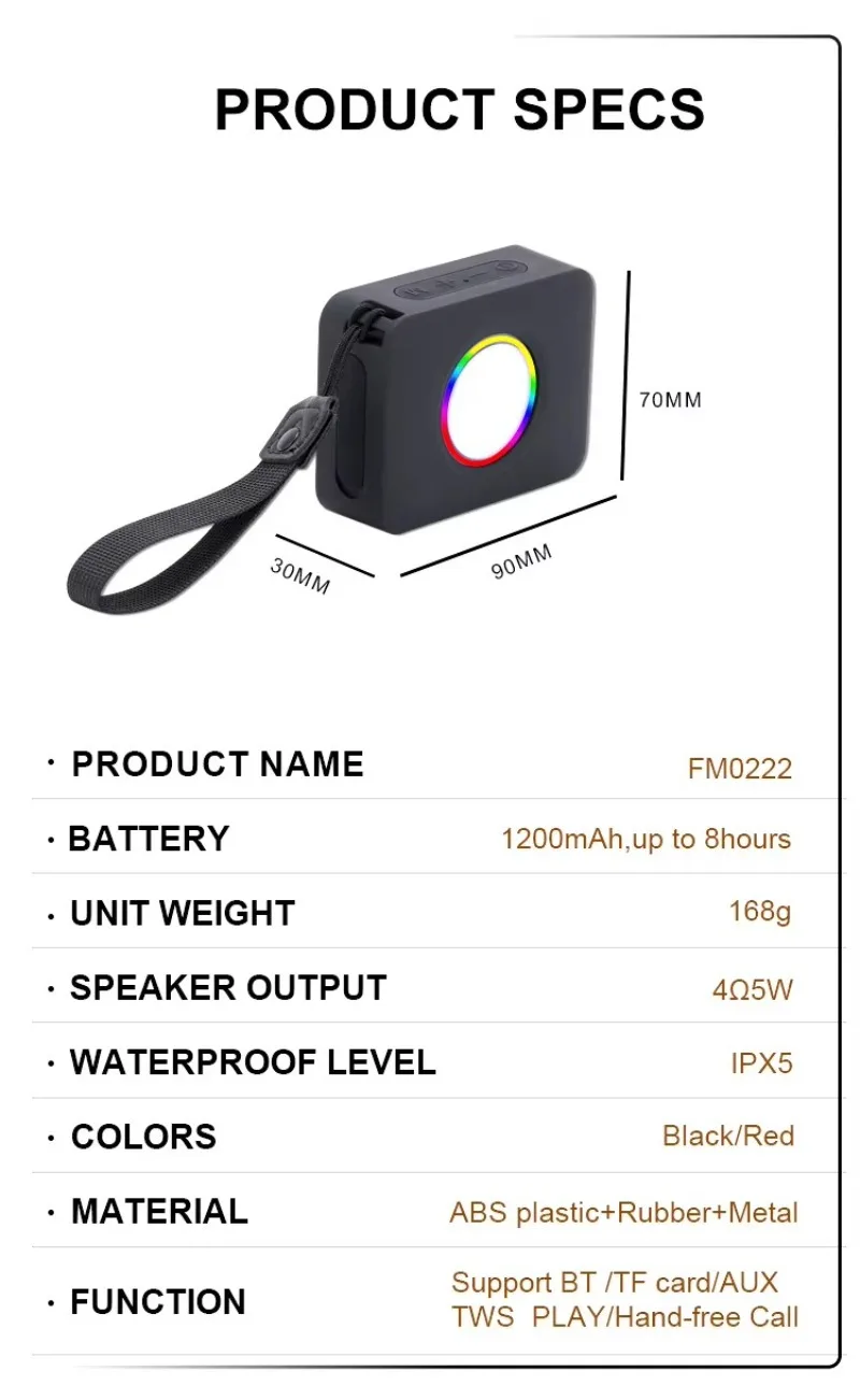 

Waterproof Outdoor Bluetooth Speaker with RGB LED Light Wireless Portable Audio TF AUX