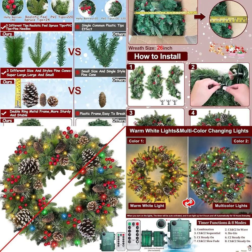 

26 Supersize Luxe Pre-lit Christmas Wreath with 80 LED Lights, 8 Modes, 268 Branches, Pinecones & Red Berries