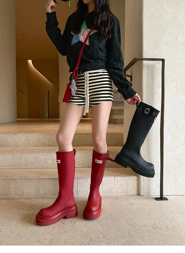 Moda joelho botas femininas 2025 outono nova plataforma dedo do pé redondo botas altas