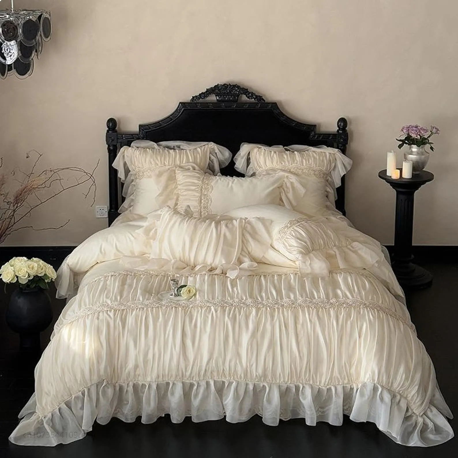 Vintage French Cream Lace Pleated Cotton Quilt Cover Bedding Set