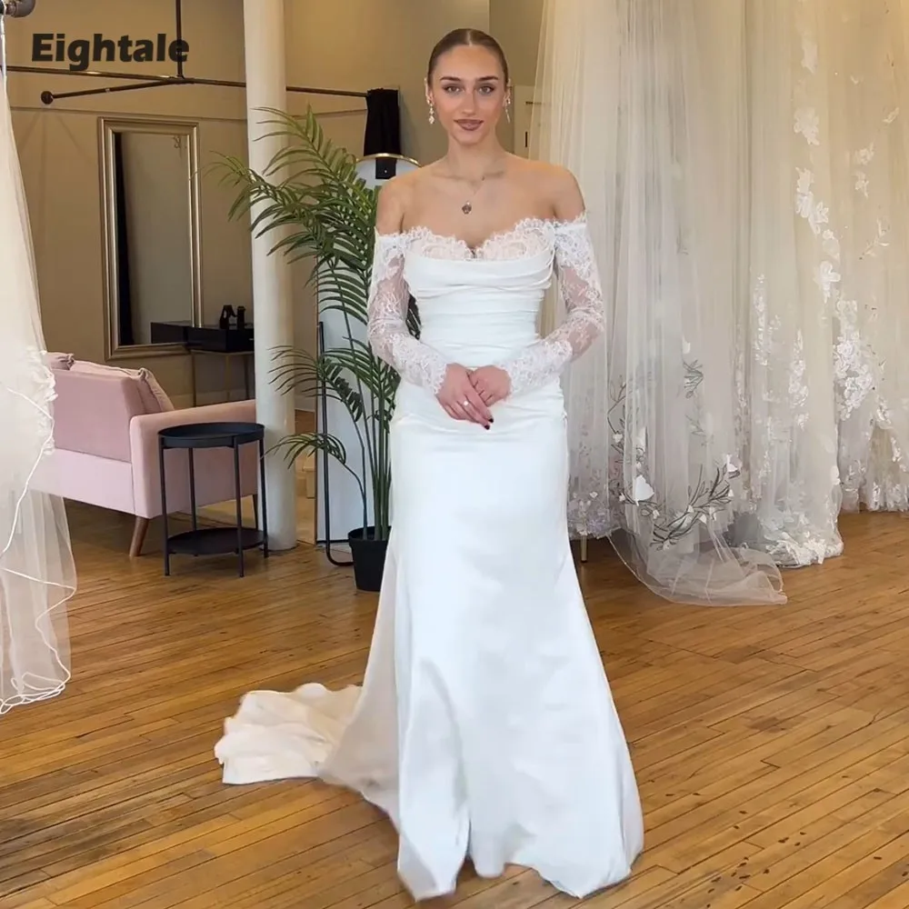 

Eightale Boho Wedding Dresses Sweetheart Lace Pleats Customized Mermaid Bridal Gowns Long Sleeves Satin vestidos de novia