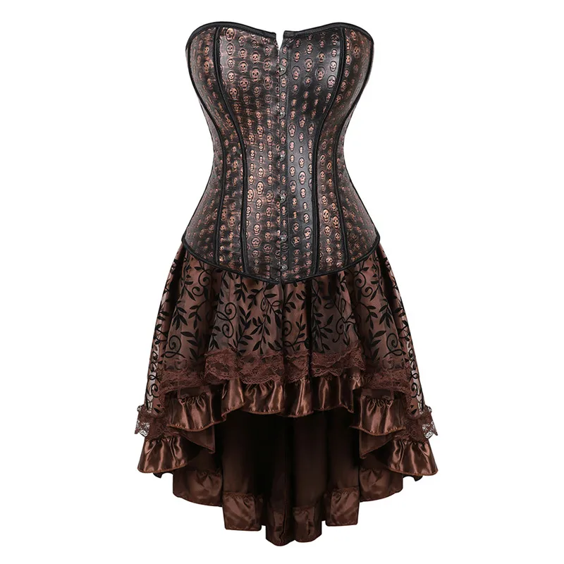 Leather Corset Dress Skirt Set  Top Plus Size Sexy Skull Steampunk Bustier Fashion Overbust Burlesque Basque Lingerie Costume