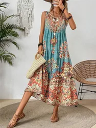 Women Vintage Print Sleeveless O-neck Vest Long Dresses 2025 Summer Fashion New Beach Vacation A-line Dress Woman Loose Dress