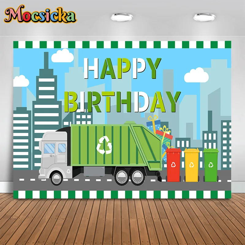 MOCSICKA Boys Happy Birthday Photography Background Gift Stand Backdrop Green Sanitation Truck Banner Photo Studio Props