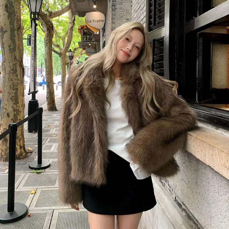 Winter Women Faxu Fur Coat Fashion Long Sleeve Loose Jacket Casual Outerwear Chic V-neck Long Sleeve Daily Street Warm Coat