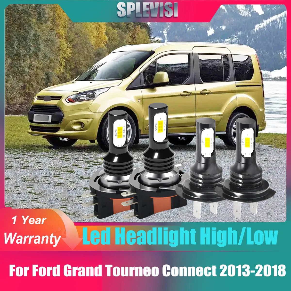 4Pcs H15 H7 LED Headlight Conversion Kit Hi Low Beam w/ Aviation Aluminum Heat Sink For Ford Grand Tourneo Connect 2013-2018