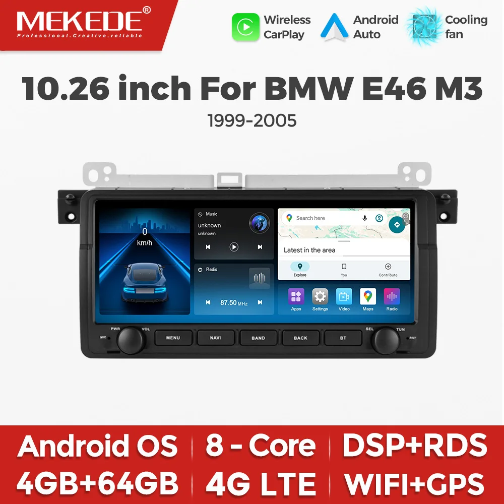 10,26-Zoll-Touchscreen, 64 GB ROM, Android-Autoradio, kabelloses CarPlay, Auto-Multimedia-Player für BMW E46 M3 318/320/325/330/335, Baujahr 1999–2005, 4G, WLAN, RDS, DSP, GPS-Navigation.