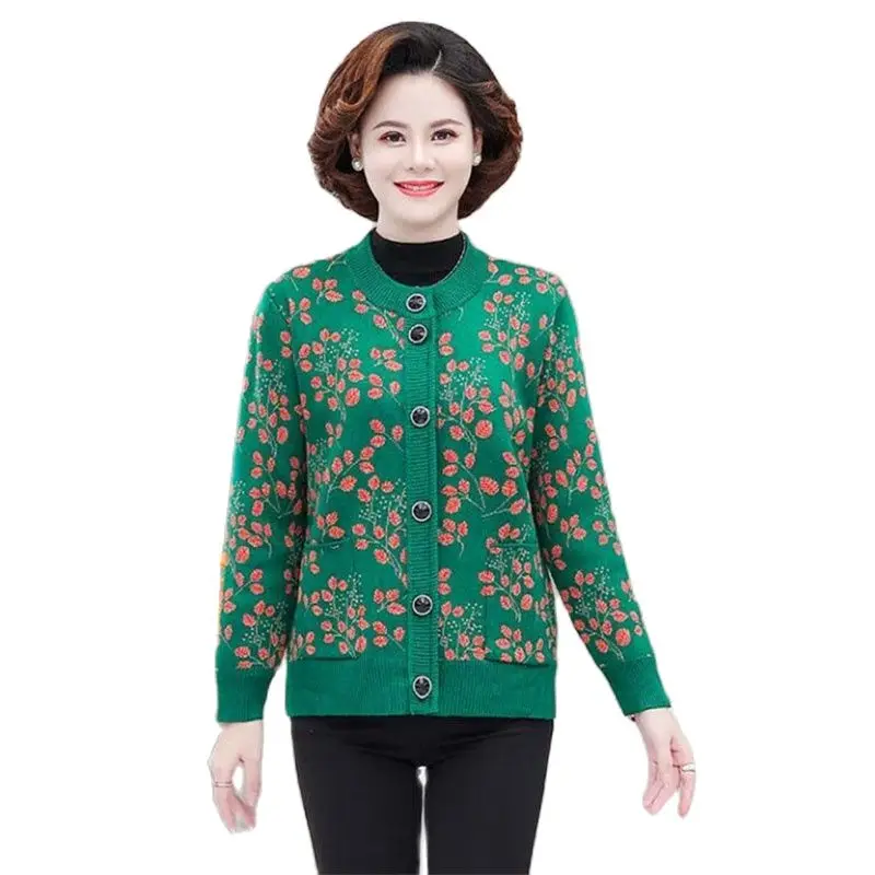 

Middle-Aged Elderly Women's Sweaters Knitted Cardigan Coat Fashion Round neck Single-Breasted Spring Autumn Winter Jacket 2023