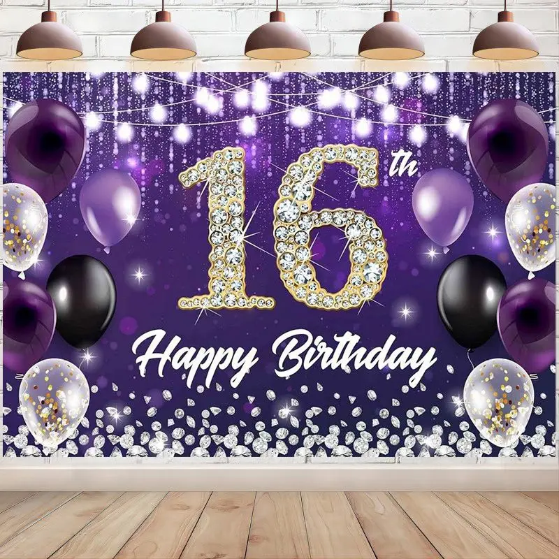 

Happy 16th Birthday Backdrop Banner Purple Theme Photography Background Shiny Diamond Noble Elegant Party Decoration for Girls