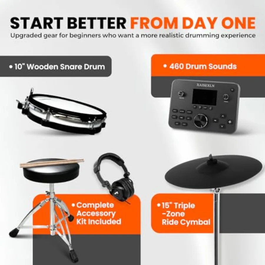 Electric drum set for home practice, mesh pads and wood shells, black finish, ultra-quiet with 460 sounds, USB MIDI, foldable d