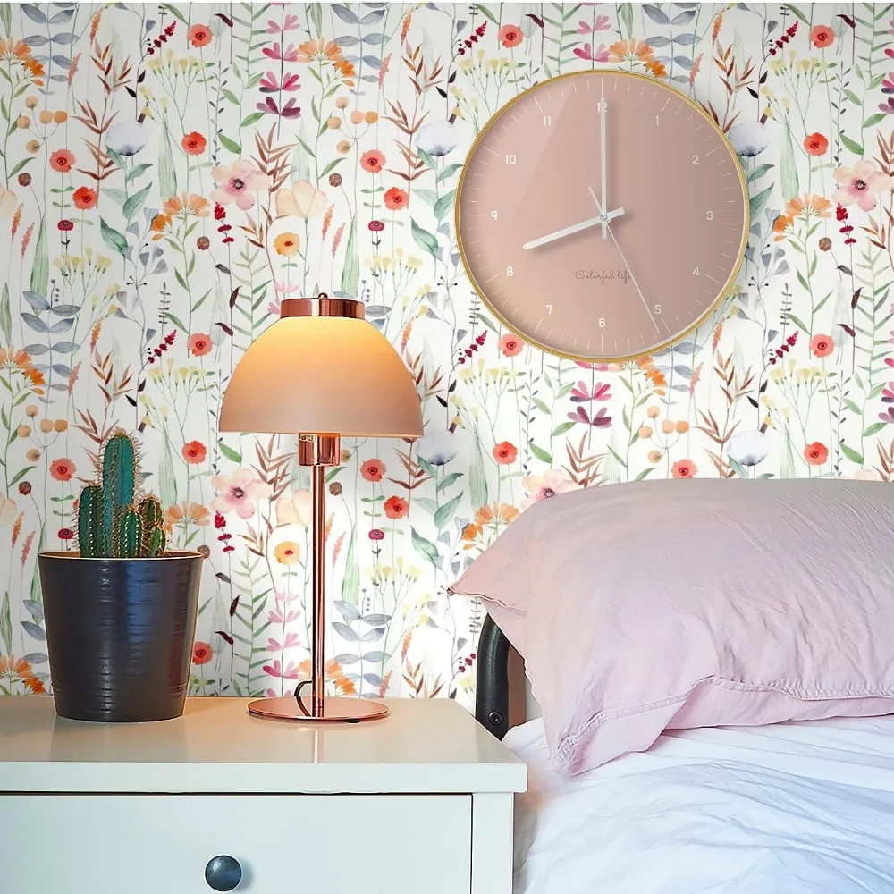 ورق جدران بألوان مائية قابل للإزالة مع أوراق طازجة وزهور متعددة الألوان قابلة للتقشير واللصق للجدران