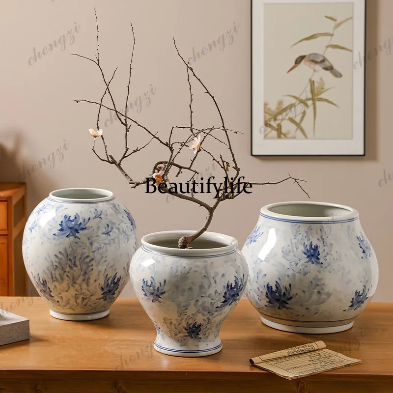 Ceramic vase Chinese style, round retro living room decoration ornament literary Chinese style