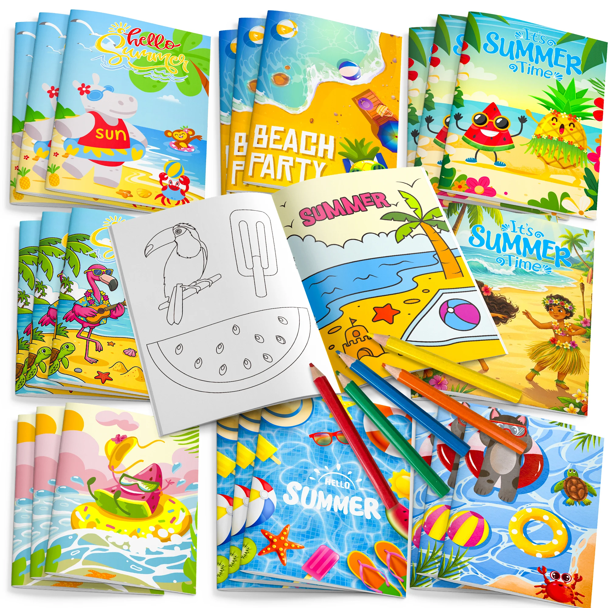 16pcs Summer Pool Coloring Books and 12pcs Summer Party Decorations Pencils,Hawaii Coloring Books, Summer Beach Coloring Books for Luau Party Favors Fillers Pool Party Decorations