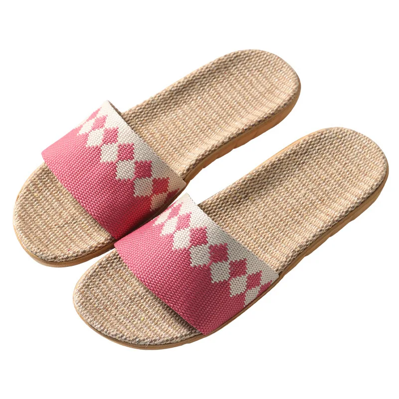 Mntrerm Square Pattern Linen Indoor And indoor Home Wood Floor Tile Slippery For Summer Season Linen Open Toe Straw Slippers