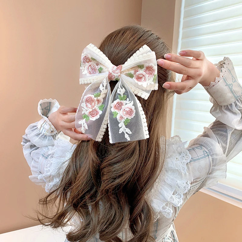 New Embroidered Bow Hairpin Lace Hair Clip Sweet Back Of The Head Duckbill Clip Fashion Hair Accessories For Girl Woman