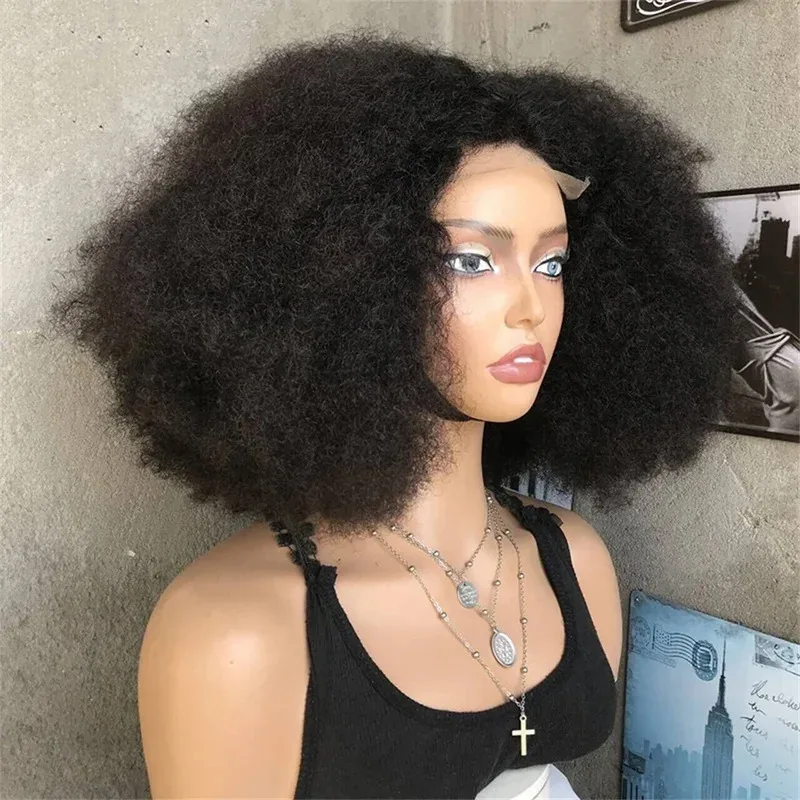 

300% Density Afro Kinky Curly Blend 4x4 Lace Closure Pre-Plucked Synthetic Hair Natural Hairline Glueless Wig