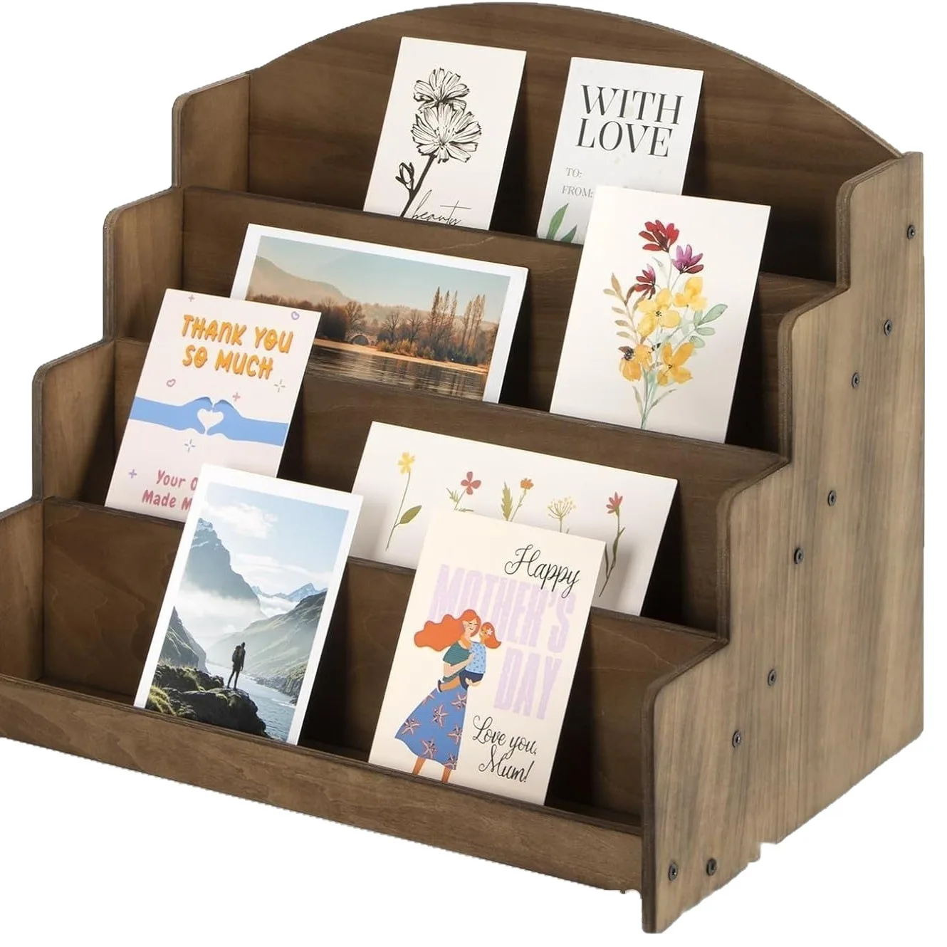Wooden Step Shelf for Postcard Storage, Greeting Card and Sticker Display, Multi-Layer Desktop Poster Rack