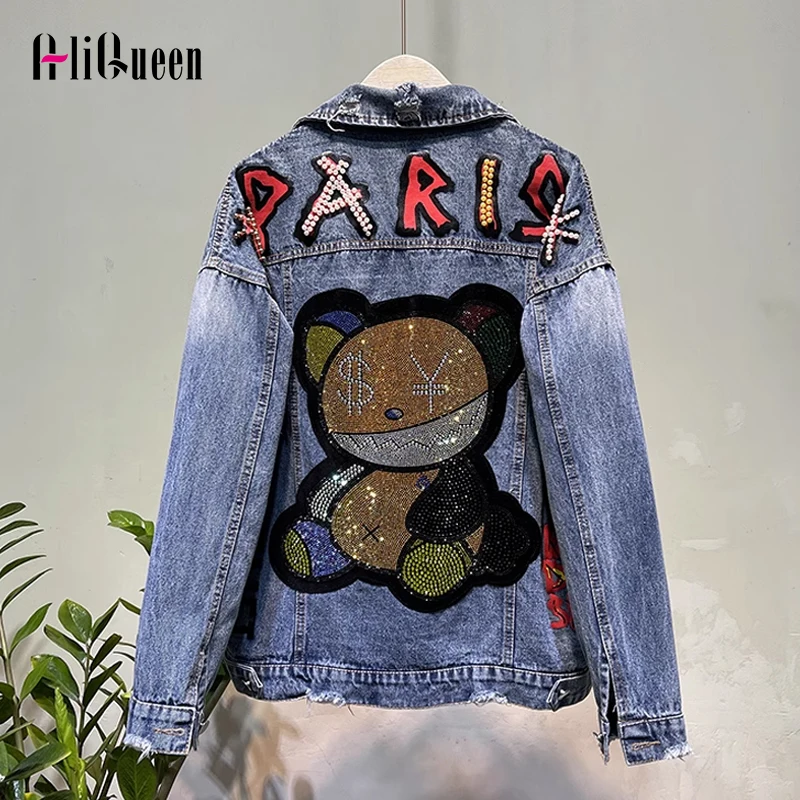 

High Street Women Letters Beading Cartoon Bear Jeans Jacket Hip Hop Loose Long Sleeve Lapel DiamondsPrint Denim Coat Ourterwear