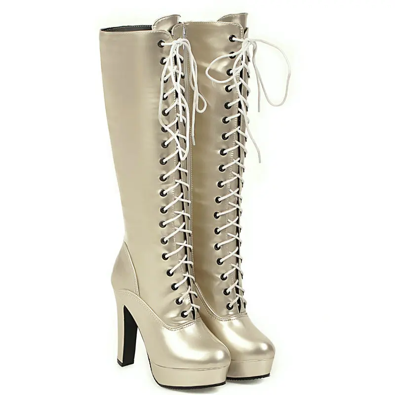 

Patent Leather PU Silver Shimmery Gold Round Toe Block High Heels Lace-up Platform Knee-high Winter Boots for Women Shoes