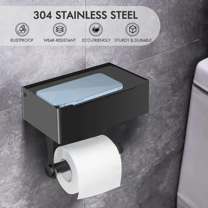 

AmapleL Toilet Paper Holder with Shelf Matte Black Toilet Paper Holder with Storage, Adhesive Wall Mount Flushable Wipes Dispen