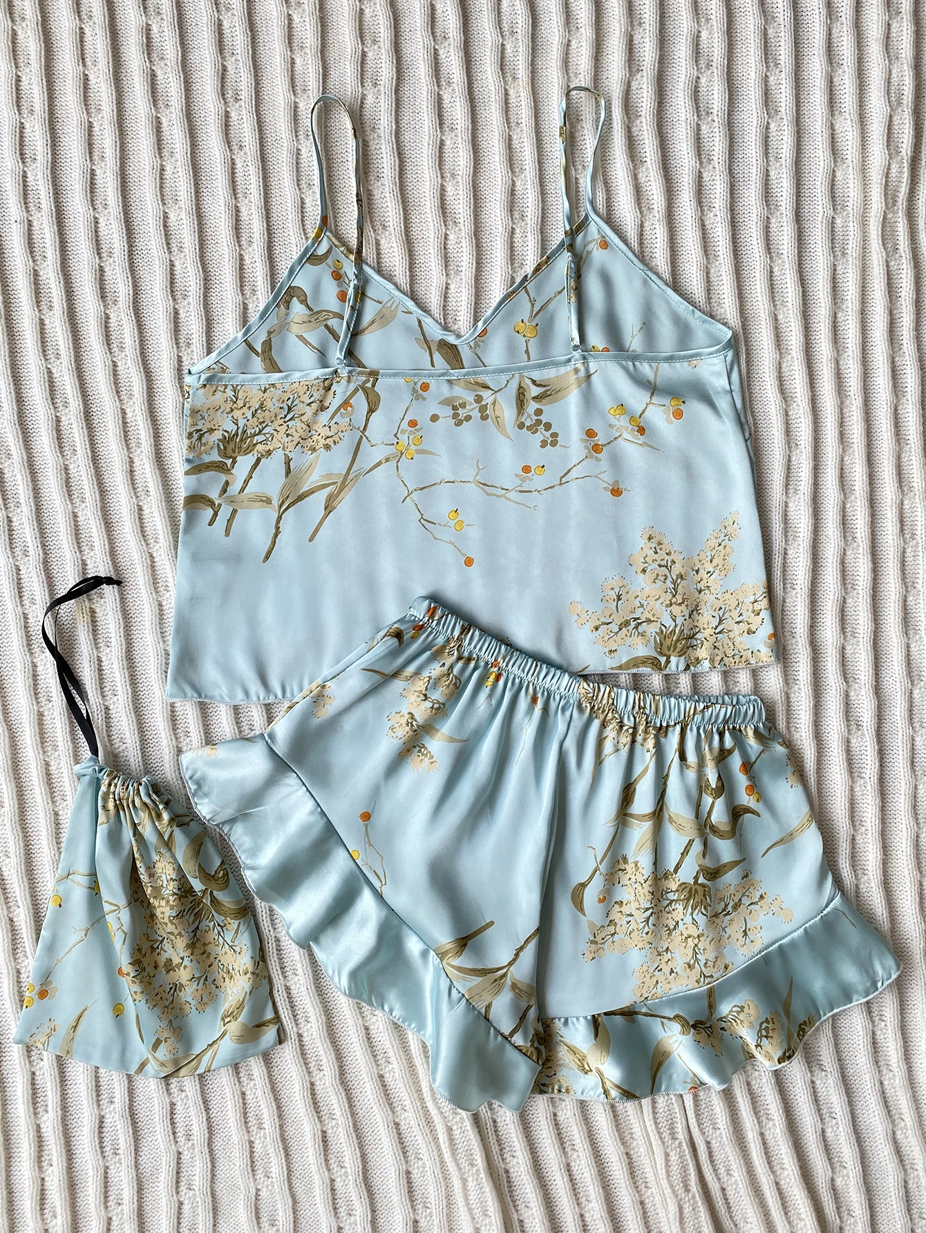 Elegante Cami-Tops mit Blumendruck, Rüschensaum, Shorts, Pyjama-Set, Damen-Nachtwäsche, Loungewear – Detail 9