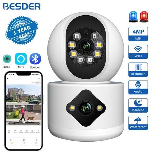 Imagen 1 del producto BESDER-cámara WiFi de 4MP con pantallas duales, Monitor de bebé, visión nocturna, Mini cámara IP de seguridad PTZ para interiores, cámaras de vigilancia CCTV