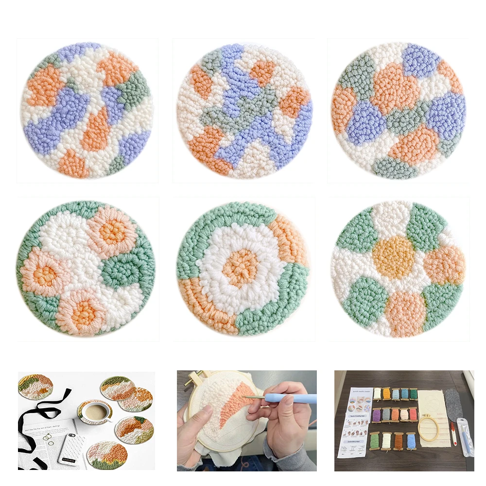 

﻿ 6pcs Flowers Pattern Punch Needle Coasters Kit for Adults Beginners Easy Embroidery Punch Needle Kits Tufted Rug Punch Decor