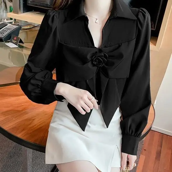 Bow Patchwork Polo Neck Long Sleeve Blouse Spring Autumn New Solid Temperament Korean Shirt Tops Sweet Fashion Women Clothing