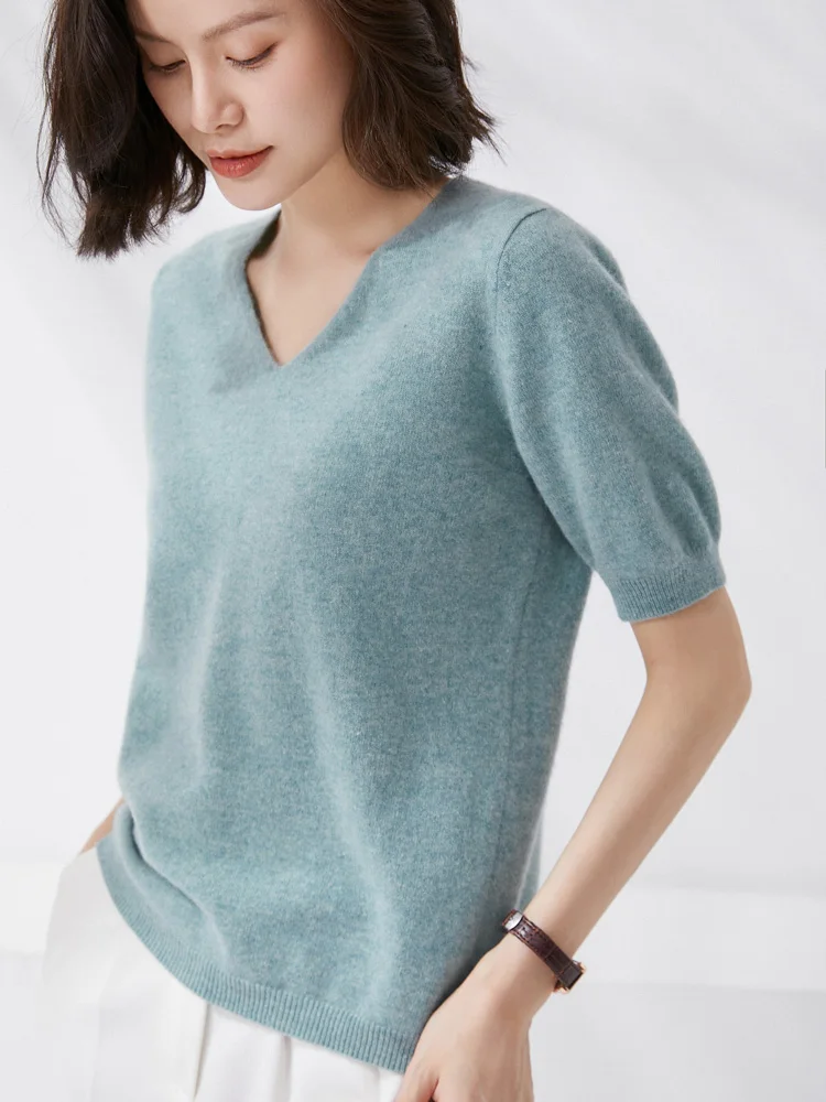 New 100% Merino Wool Women\' Sweater V-neck Solid Color Pullover Spring Summer Half sleeved Basic Clothing Base Sweater Casual