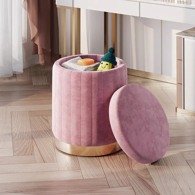 Cream Style Vanity Stool, Makeup Chair with Storage for Dressing Table, Upholstered Bedroom Bench & Shoe Changing Ottoman