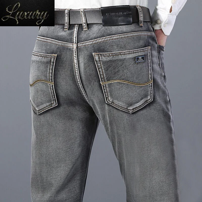 

Vintage Smoke Gray Men's Stretch Slim Jeans Classic Fashion Business Casual Straight Regular Denim Trousers Grey Pants