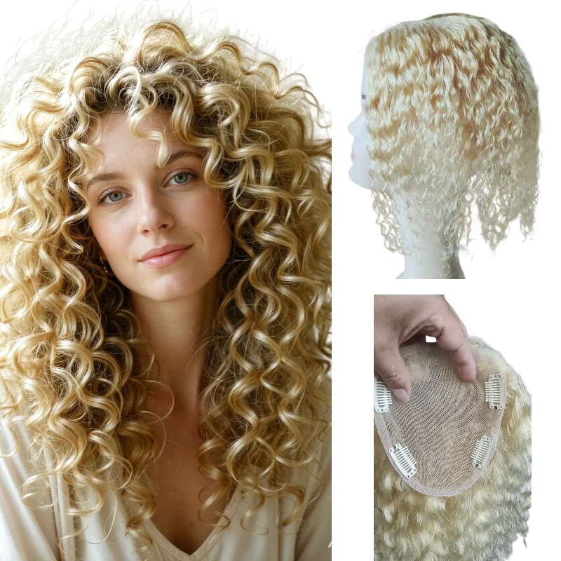 100% Human Hair Topper Swiss Lace 9x14cm 12inch Deep Wave Curly Handmade Color #613 P27-613 7-10Days Wholesale Dropship