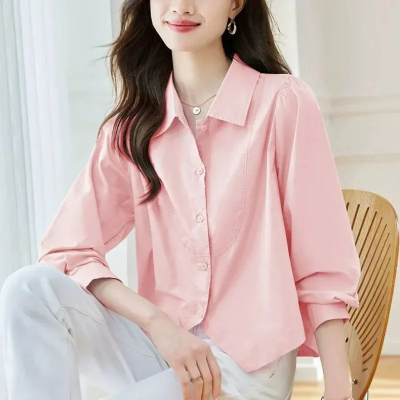 

Women's Pink Turn Down Collar Button Down Blouse Asymmetrical Hem Casual Cotton Shirt