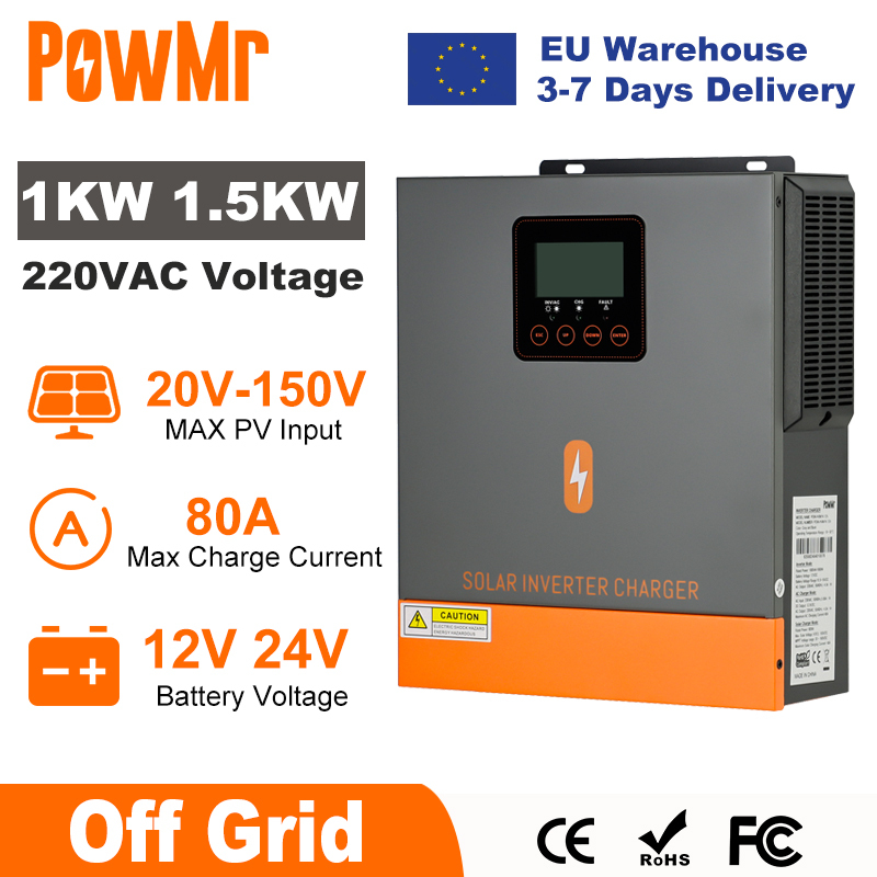  PowMr 1000W 1500W Hybrid Solar Inverter 12V 24V 220V Off Grid Pure Sine Wave Inverter Dual Output with MPPT 80A Solar Charger 