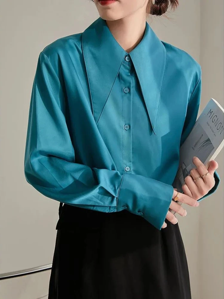 Career Loose Shirts Women Spring Autumn New Design Pointed Collar Solid Long Sleeve Blouses French Style Office Lady Simple Chic